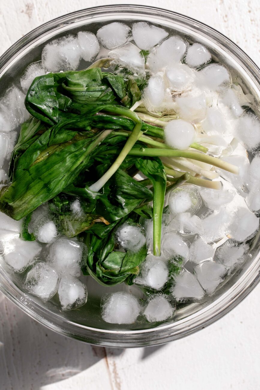 blanched ramps cooling in ice water bath.