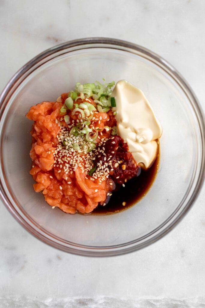 tartare ingredients for Spicy Salmon Tartare.