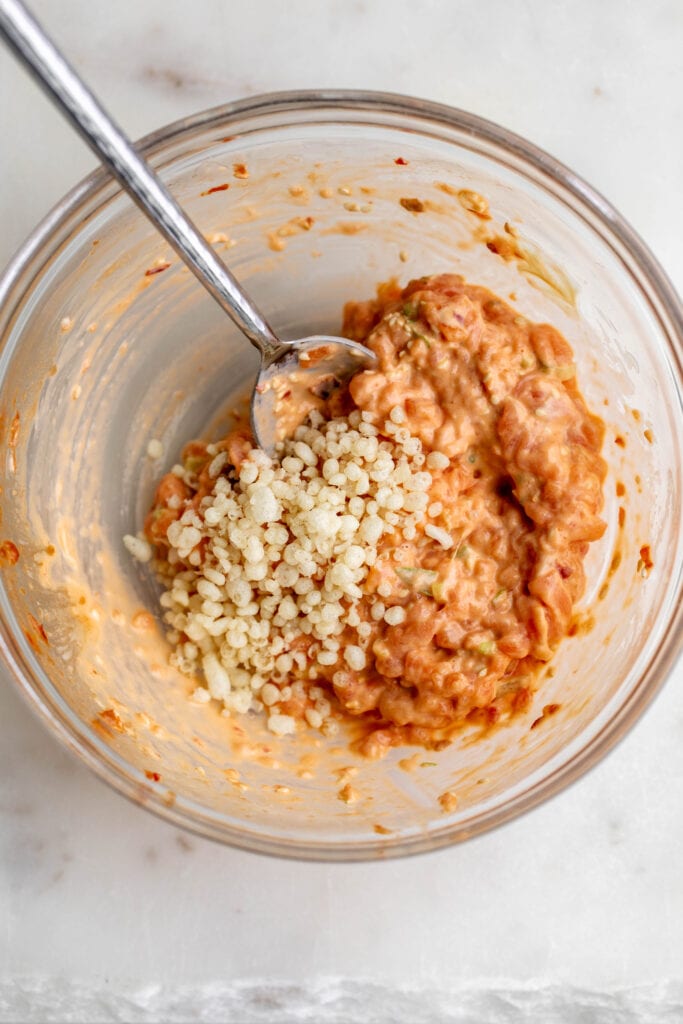 tartare ingredients with tempura flakes for Spicy Salmon Tartare.