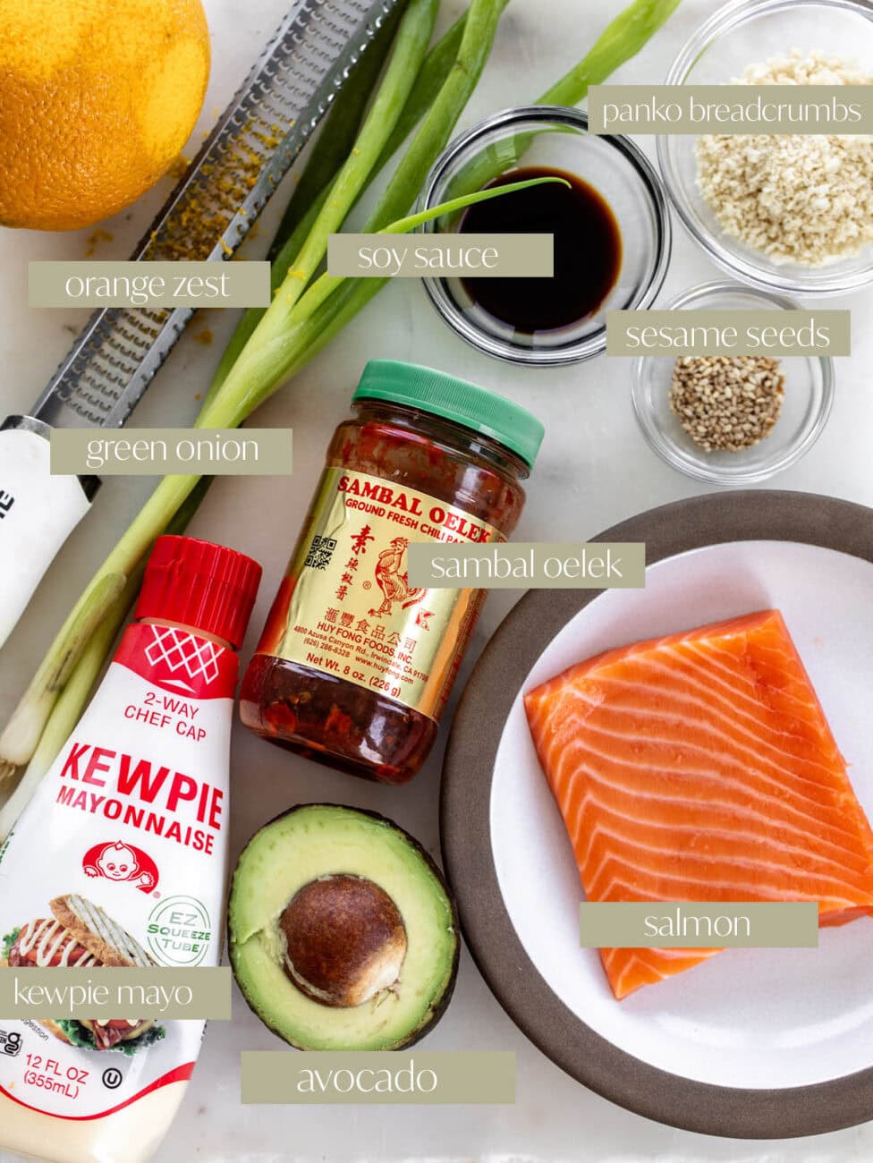 spicy salmon tartare labeled ingredients.