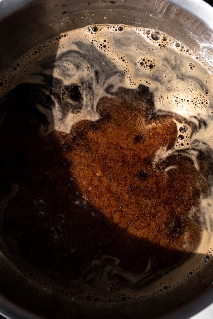 soy sauce sugar and mirin combined in saucepan.