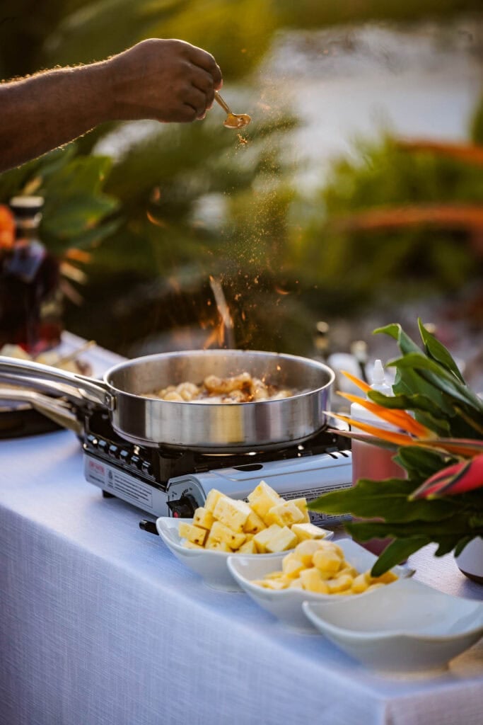 banana flambe in a pan with flames