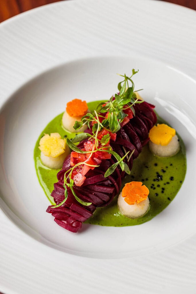 spiralized beet noodles.