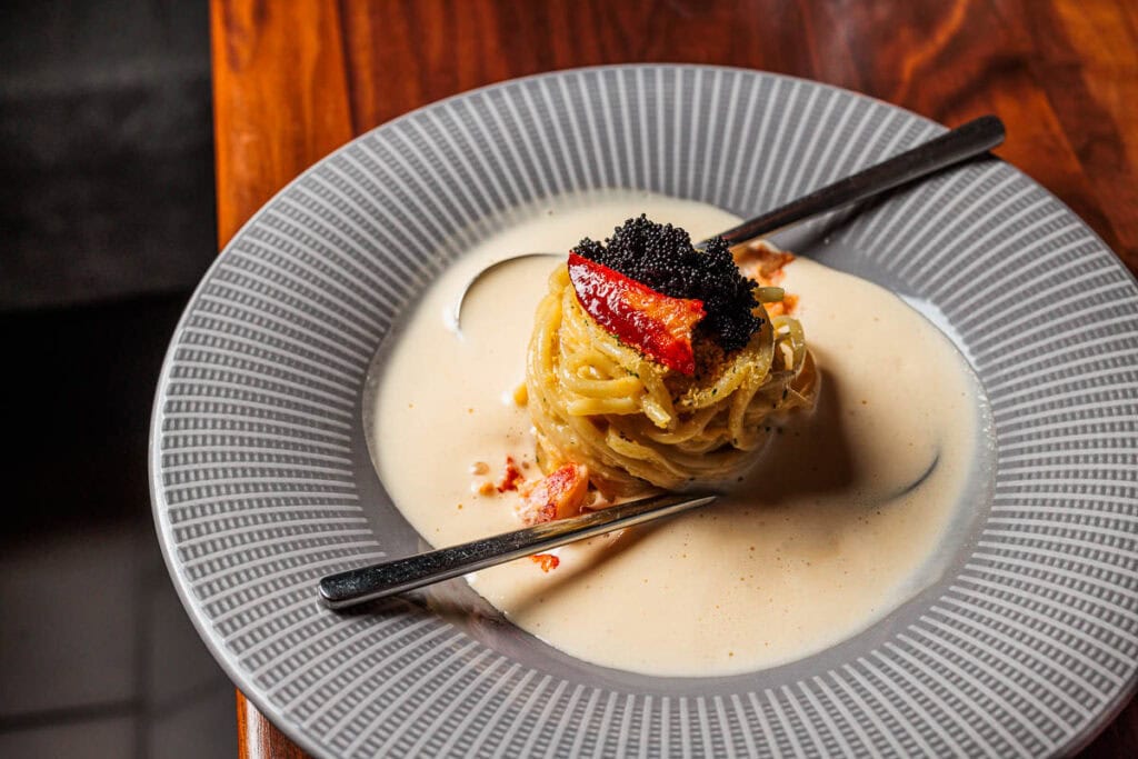 lobster bucatini with uni and caviar