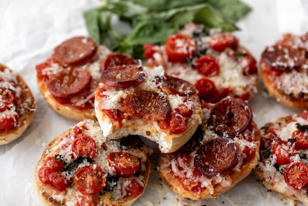 quick and easy pizza bagel bites with pepperoni.