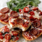 quick and easy pizza bagel bites with pepperoni.