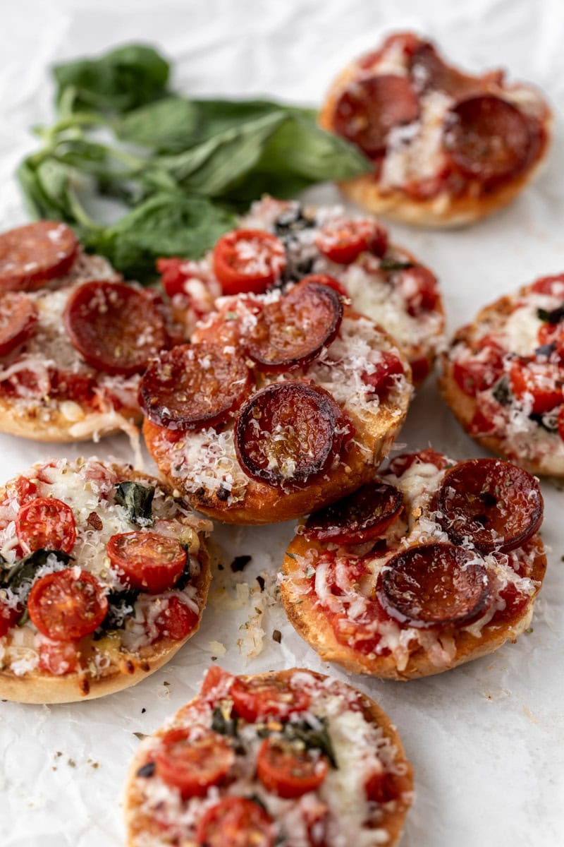 Finished pizza bagel bites.