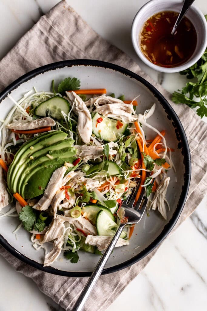 spicy vietnamese chicken salad with nuoc cham dressing.