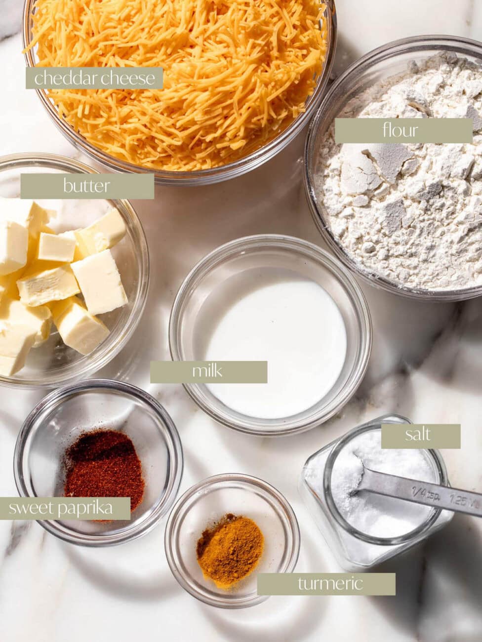 Homemade Cheez It Crackers ingredients laid out in bowls.
