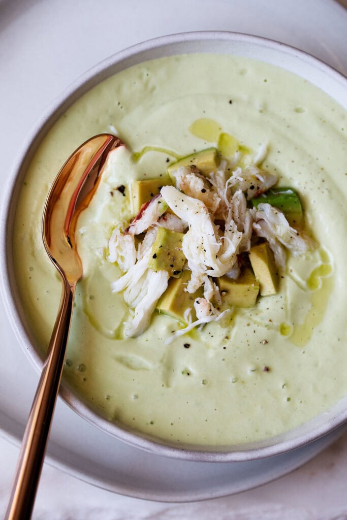 green avocado cucumber lime gazpacho topped with crabmeat.