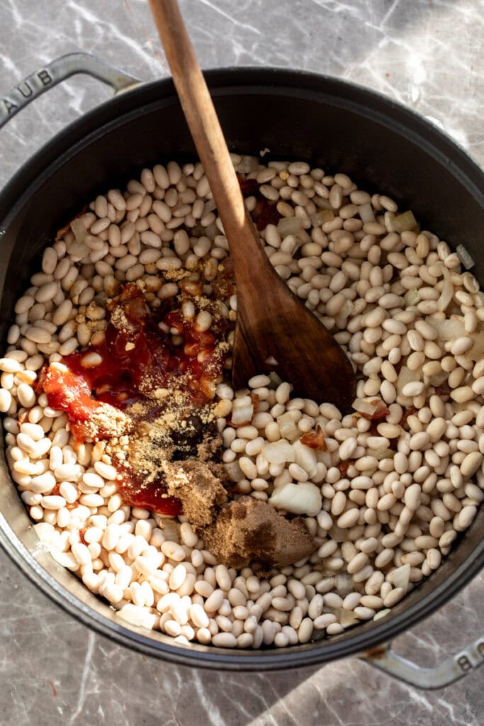 combined ingredients for best baked beans recipe.