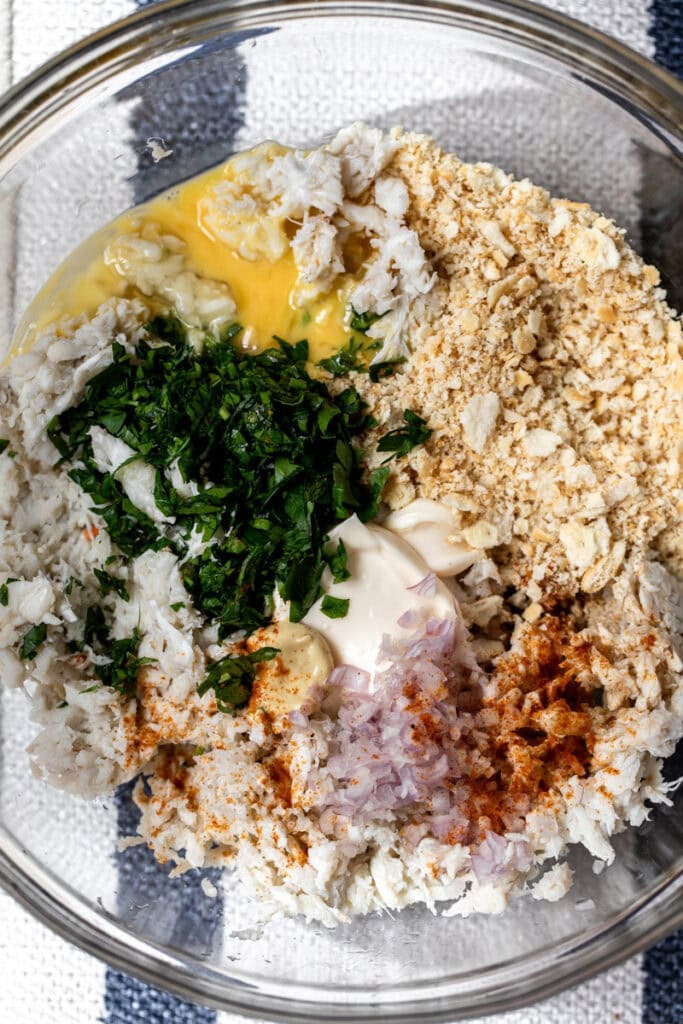 mixture for crab cake sandwich in mixing bowl.