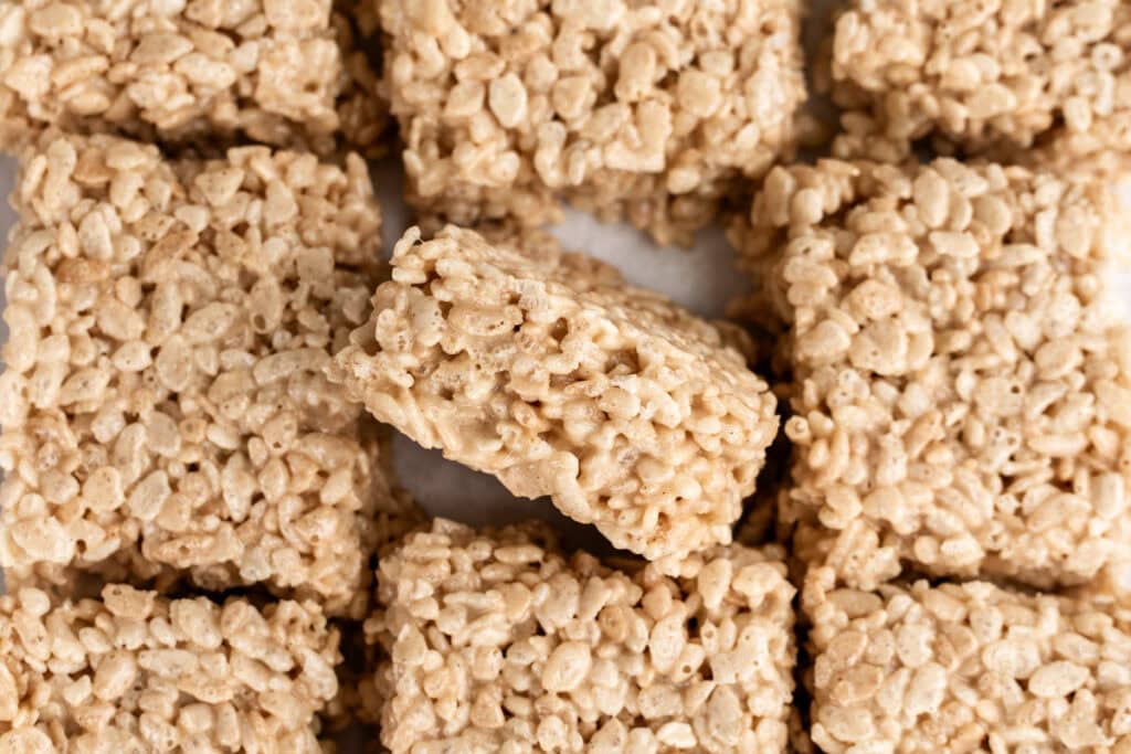 Miso Brown Butter Rice Krispie Treats cut into sqaures.