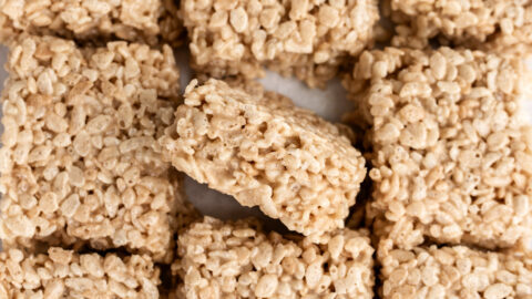 Miso Brown Butter Rice Krispie Treats cut into sqaures.