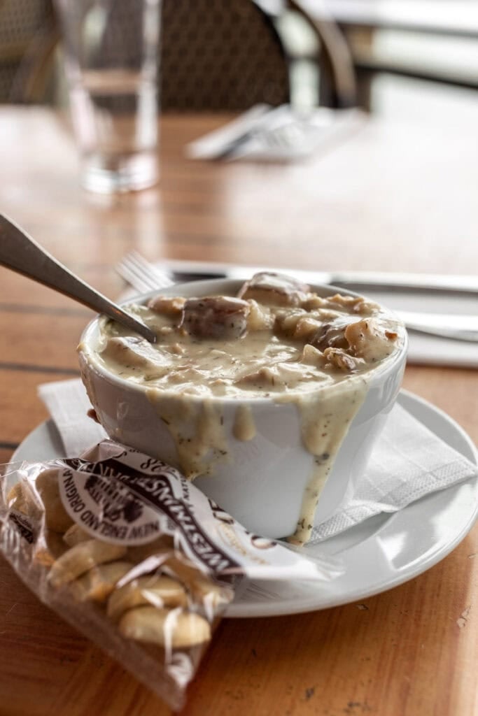 matunuck oyster bar new england clam chowder with crackers.