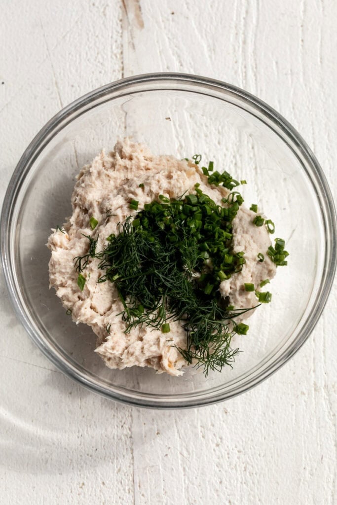 white fish salad for Whitefish Salad in glass mixing bowl.