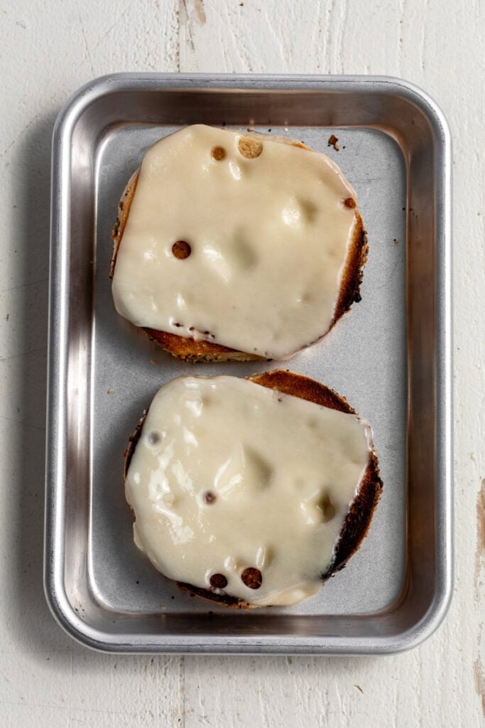 melted swiss cheese for Whitefish Salad Bagel Melt.