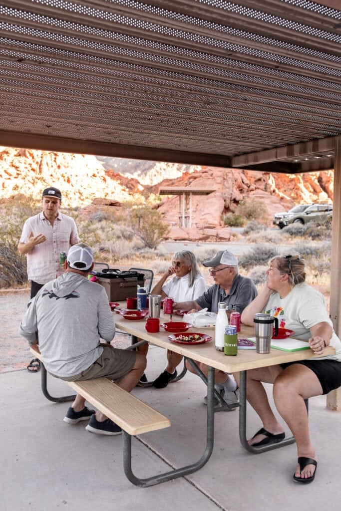 dinner at picnic tables campsite.