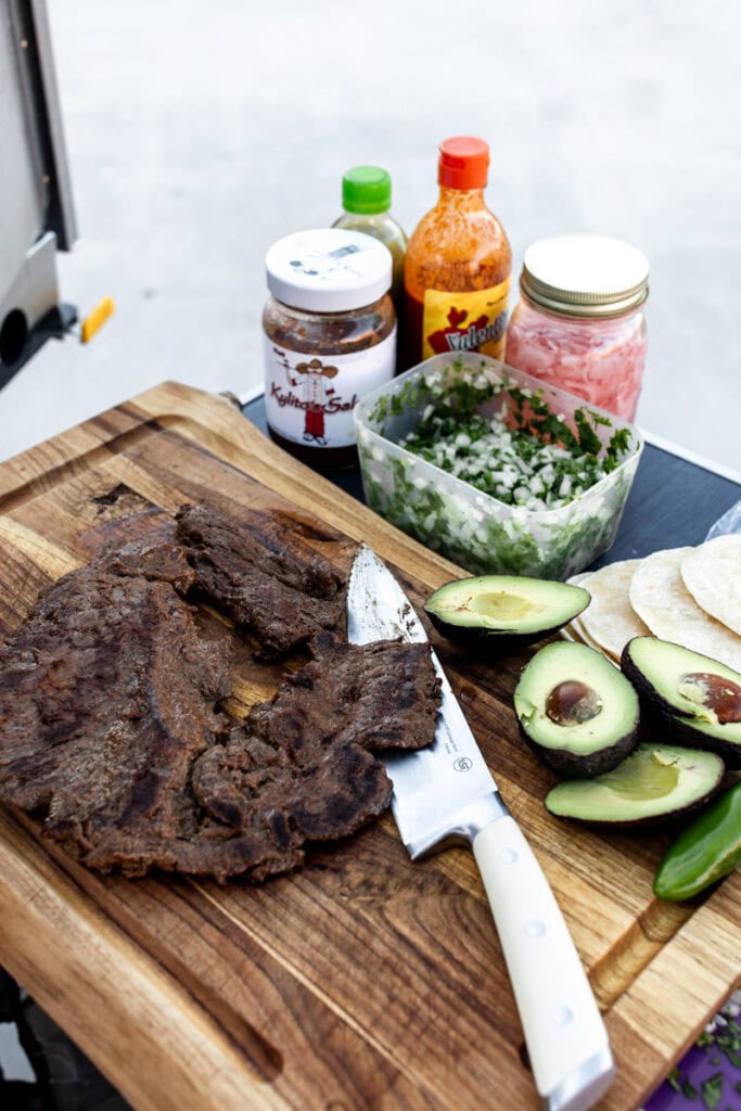 steak with avocado and onion salsa.