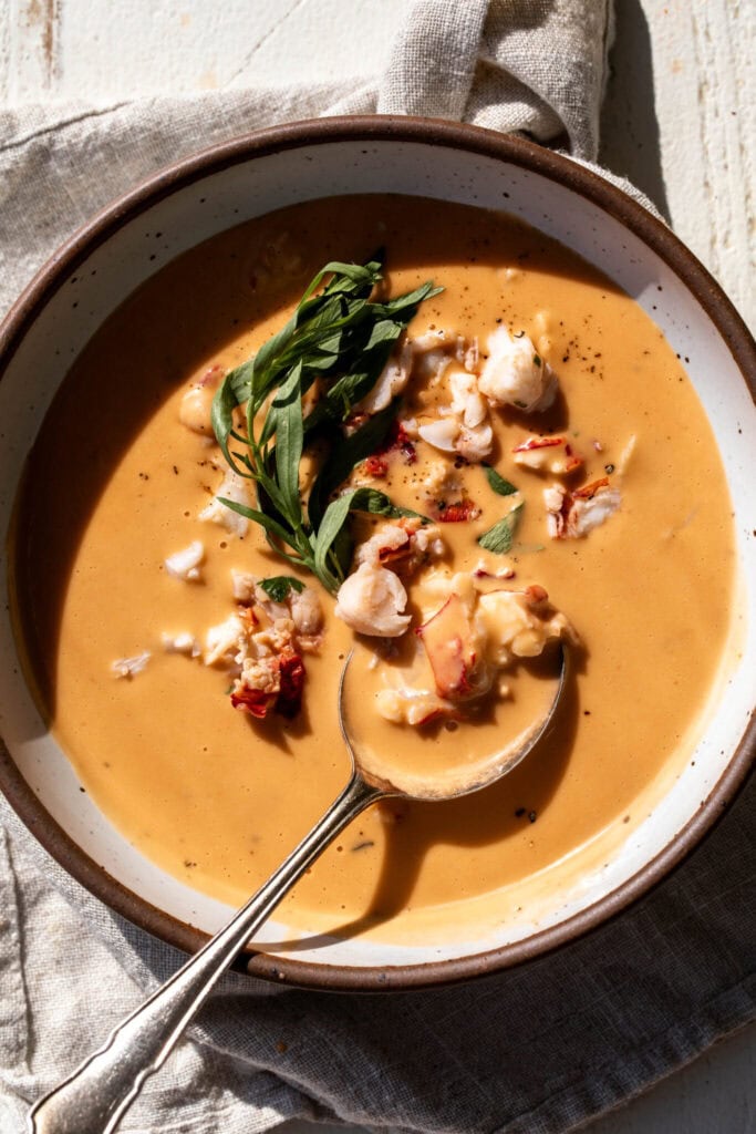 lobster bisque with lobster meat and fresh tarragon.