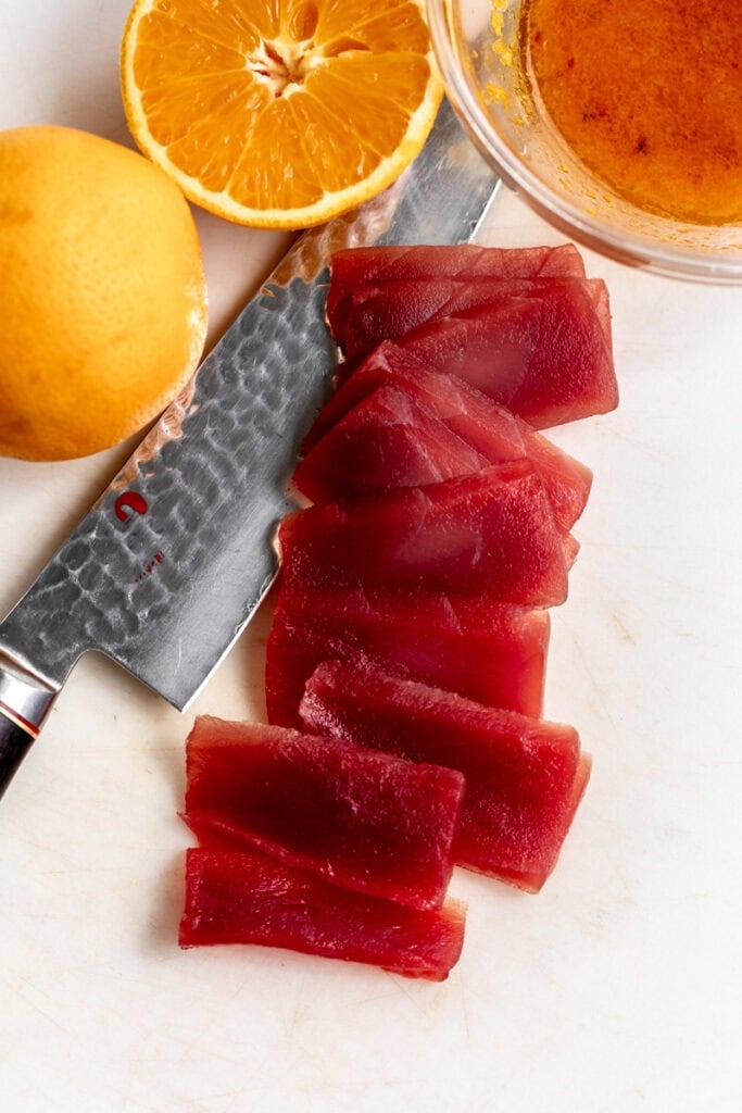 Ingredients for Orange Calabrian Chili Tuna Crudo.