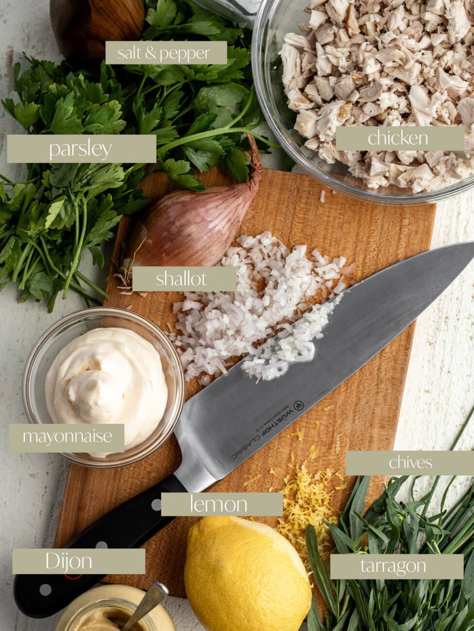 herbed chicken salad sandwich labeled ingredient photo.