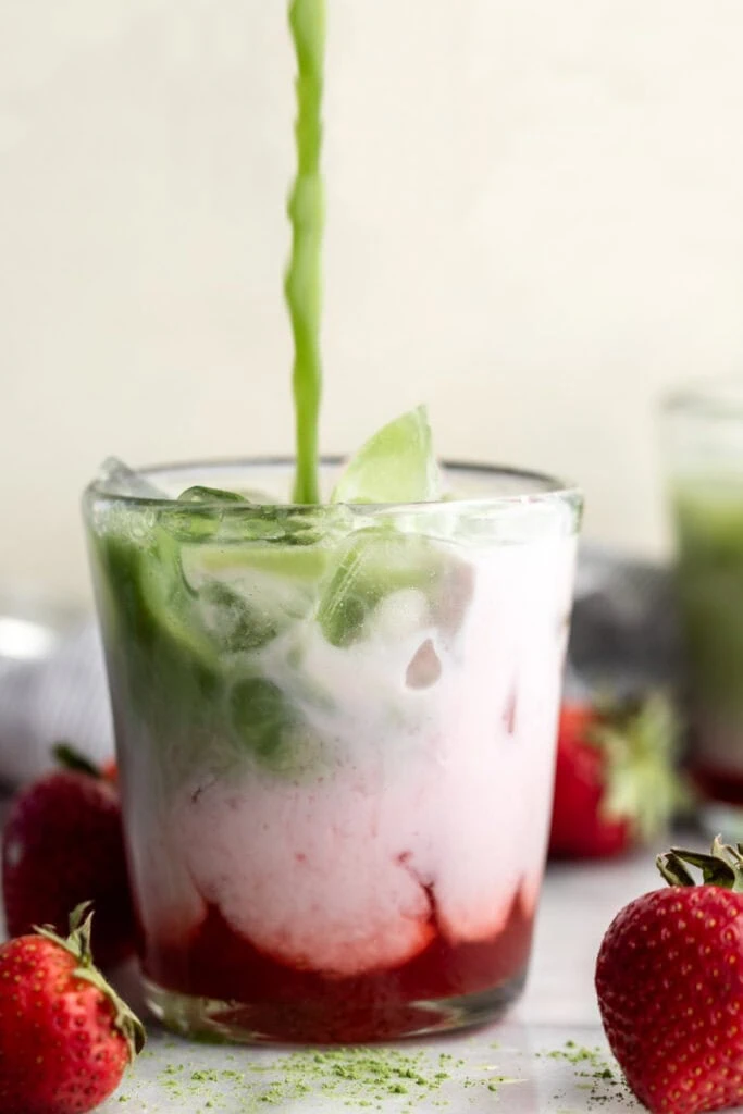 Iced Strawberry Matcha Latte in glass