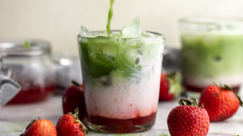 Iced Strawberry Matcha Latte in glass
