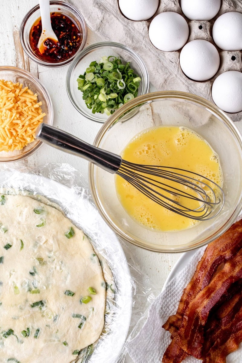 ingredients to make BEC scallion pancake breakfast sandwich.