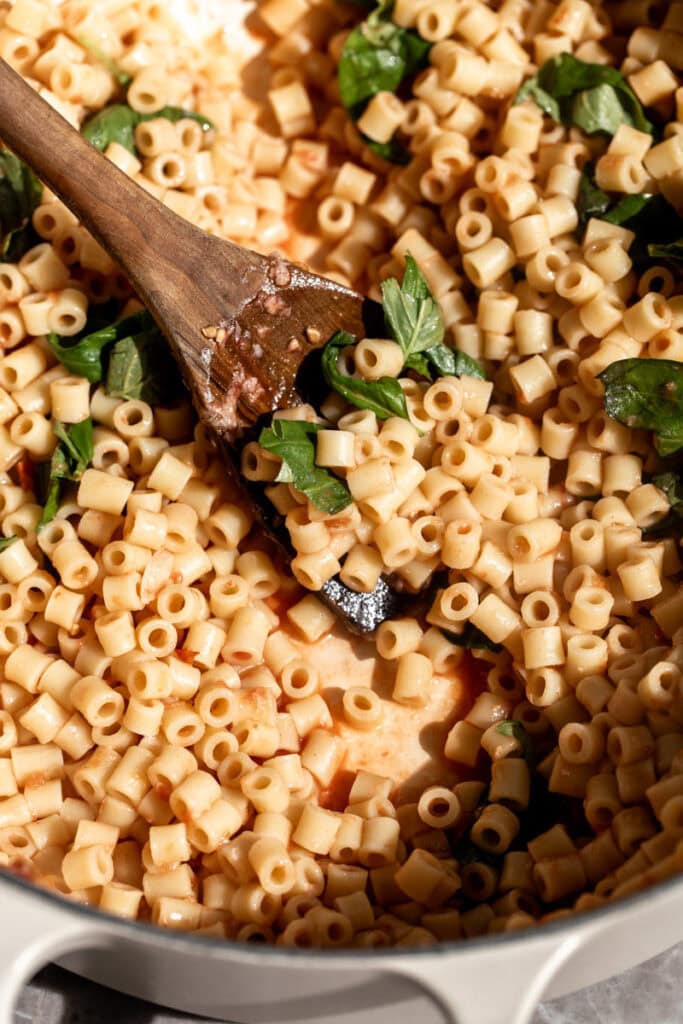 4 ingredient no cook easy tomato sauce over ditalini with basil leaves.