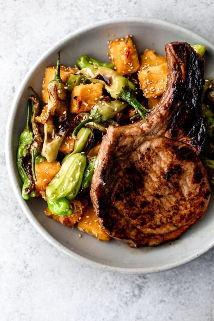 Fall Entrée Ideas shares Fall Entrée Ideas: Honey Soy Pork Chops with Squash and Shishitos.