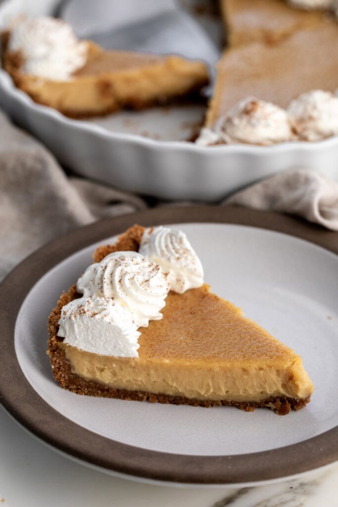 slice of maple cream pie on plate.