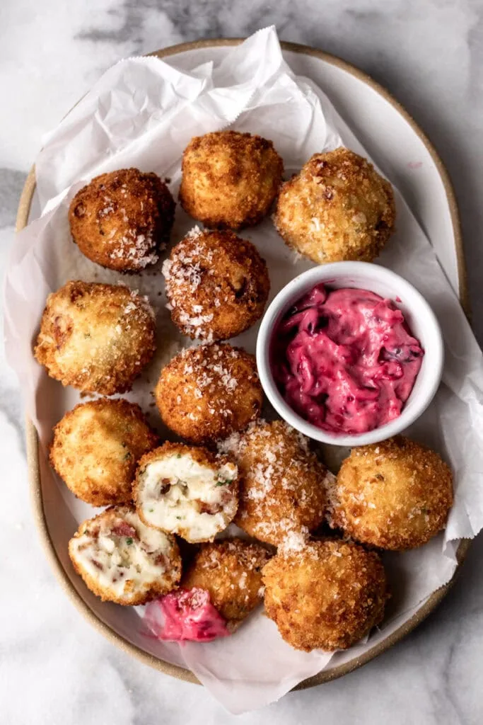 mashed potato croquettes with cranberry mayo dipping sauce