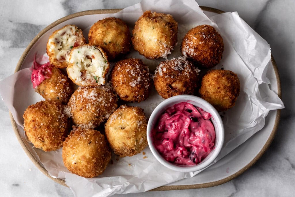 Thanksgiving Leftover Mashed Potato Croquettes with Cranberry Mayo.