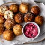 Thanksgiving Leftover Mashed Potato Croquettes with Cranberry Mayo.
