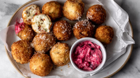Thanksgiving Leftover Mashed Potato Croquettes with Cranberry Mayo