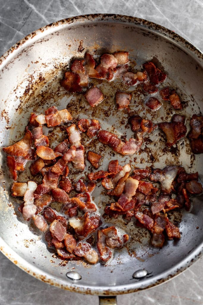 crispy cooked bacon in pan.