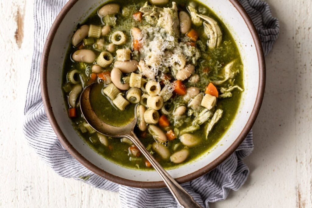 Green Minestrone Soup with chicken and white beans.