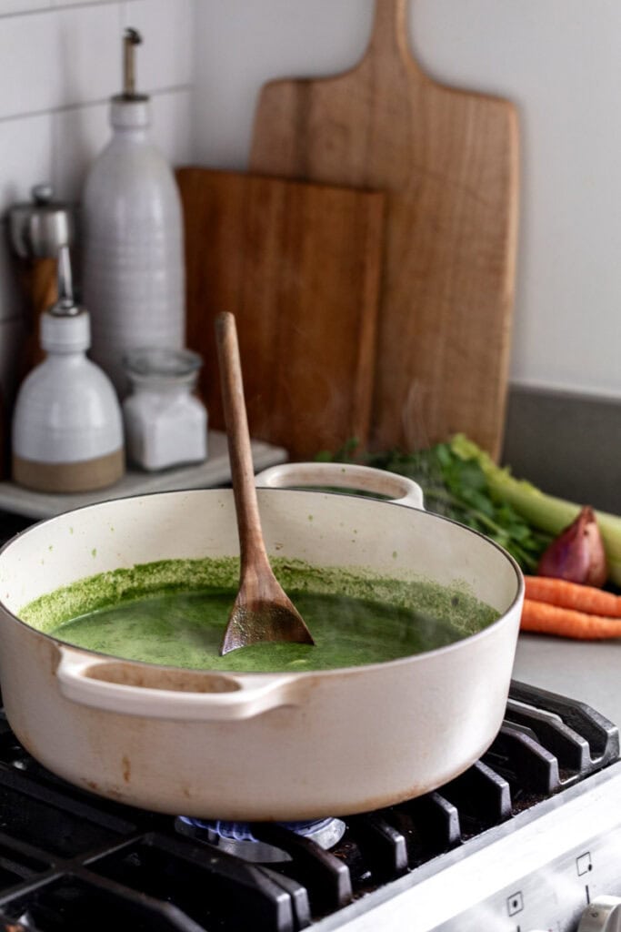 simmered broth in pot.