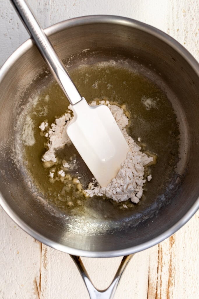 roux flour and butter in pot.