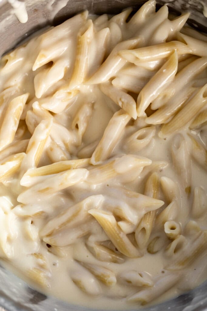 penne mac and cheese in cheese sauce.