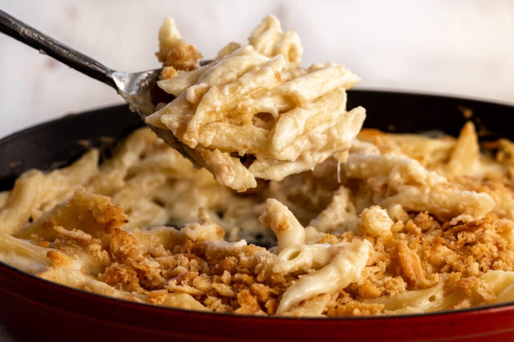 the best baked mac and cheese recipe made with penne pasta scoop.
