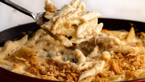 the best baked mac and cheese recipe made with penne pasta scoop.