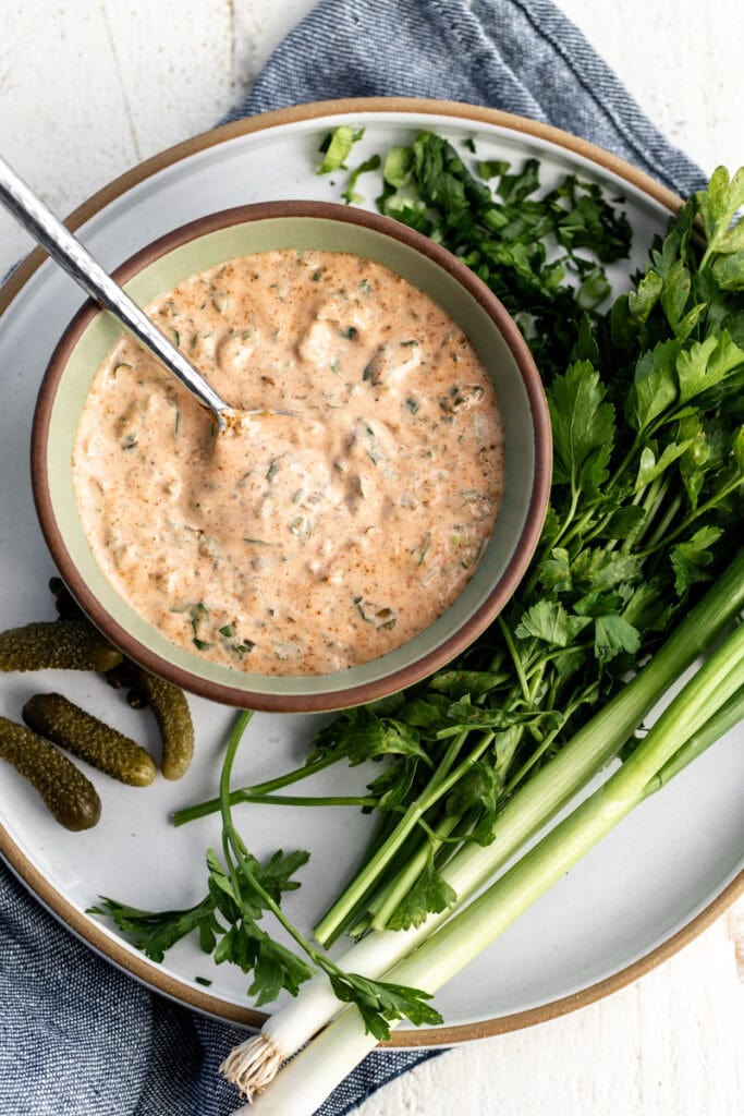 creamy cajun remoulade in serving bowl.