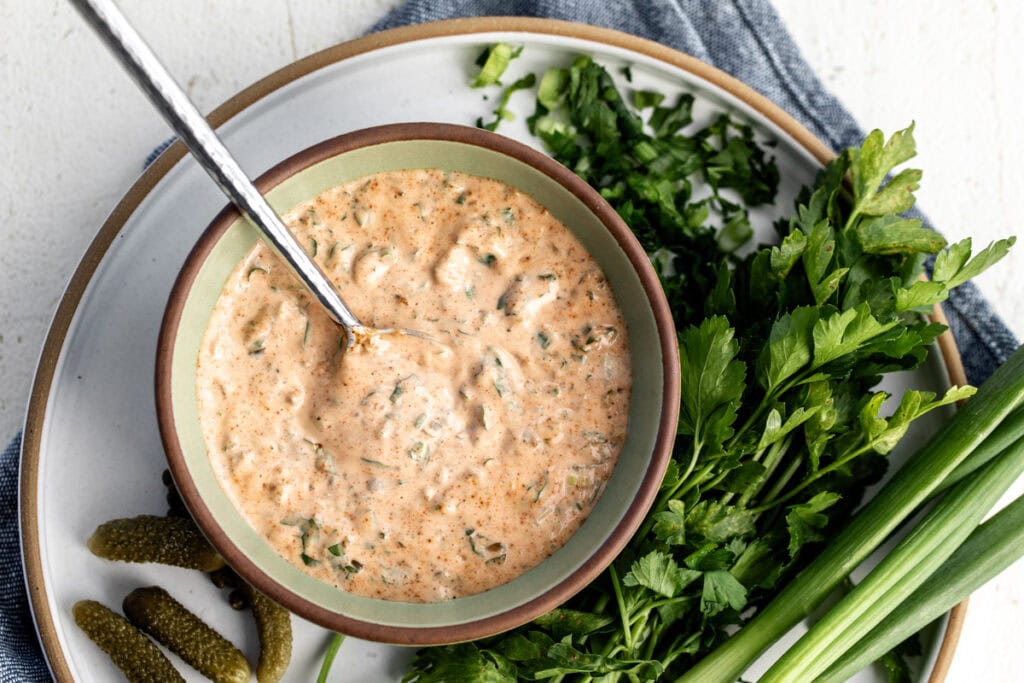 cajun remoulade sauce in serving bowl.