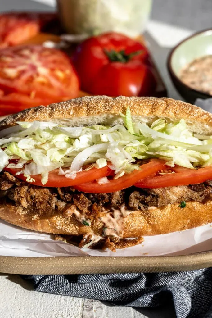 crispy oyster mushroom po boy with cajun remoulade.