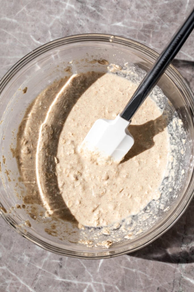mixed batter in glass bowl.