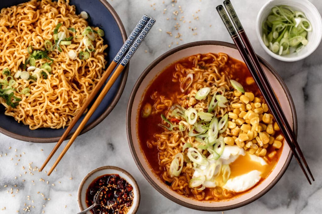 5-minute ramen hacks to upgrade store-bought ramen with poached egg and corn.