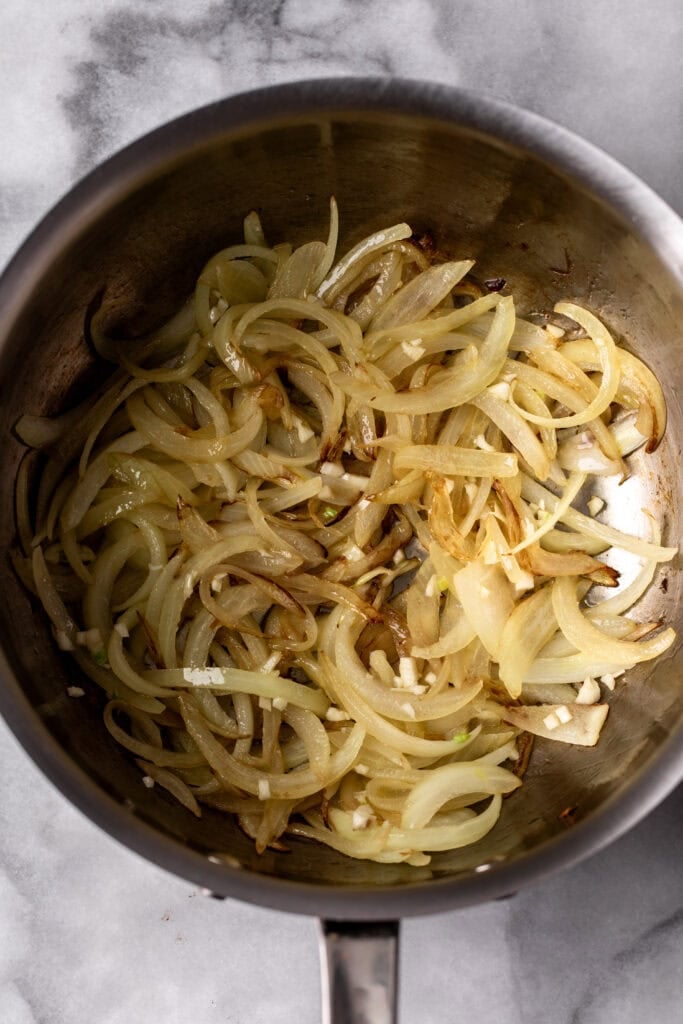 Creamy White Bean and Lemon Pasta - in photo: Sautéd onion. 