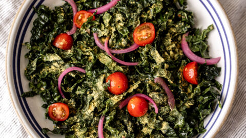 simple shredded kale salad with nutritional yeast with pickled red onion and cherry tomatoes.